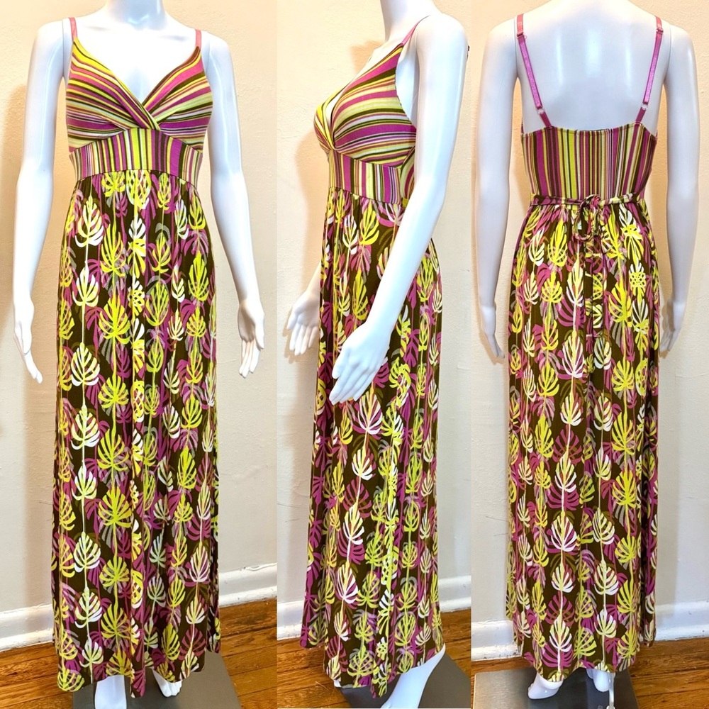 Multicolor Striped & Leaf Print Maxi Dress – Size S, by Planet Gold